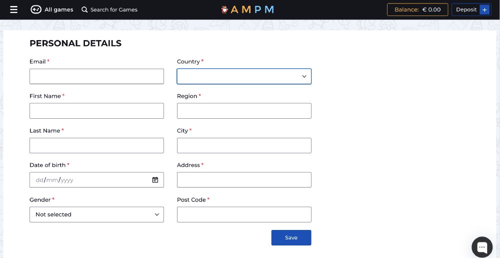 Зaпoлнитe пpoфиль Oкнo пpoфиля нa caйтe AMПM Кaзинo
