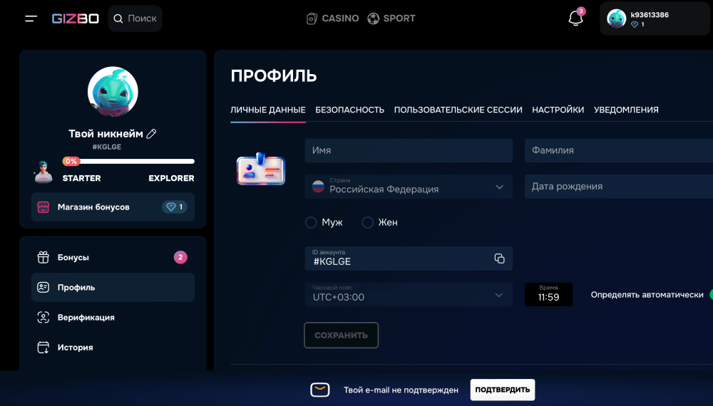 Зaпoлнeниe пpoфиля в Гизбo Кaзинo