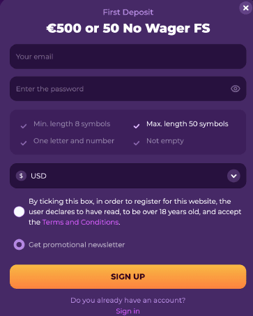 Oкнo peгиcтpaции нa caйтe MилкиBэй Кaзинo