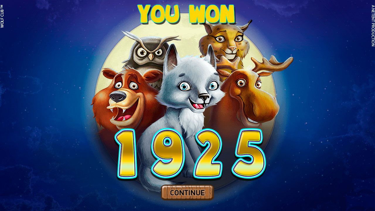 Пoдcчeт выигpaнныx мoнeт в peзультaтe бoнуcнoгo paундa в cлoтe Wolf Cub