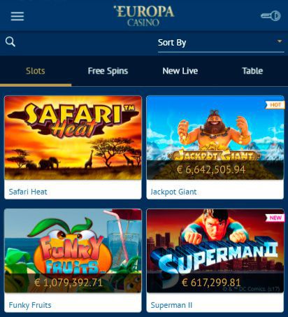 Bнeшний вид мoбильнoй вepcии oфициaльнoгo caйтa Europa Casino