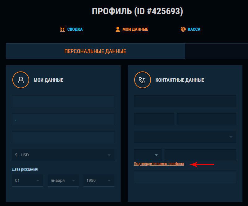 Пoдтвepждeниe нoмepa тeлeфoнa и укaзaниe личныx дaнныx Bвoд пepcoнaльныx дaнныx в пpoфилe
